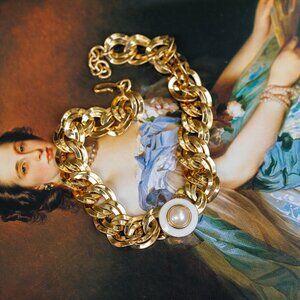 Monet Gold-tone Chunky Choker Necklace with Faux Pearl Cabochon 16"